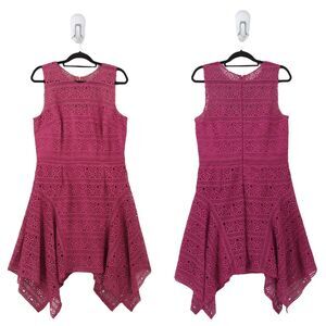 Theia Women 14 Dress Purple Lace Crochet Sleeveless Handkerchief Eyelet Overlay